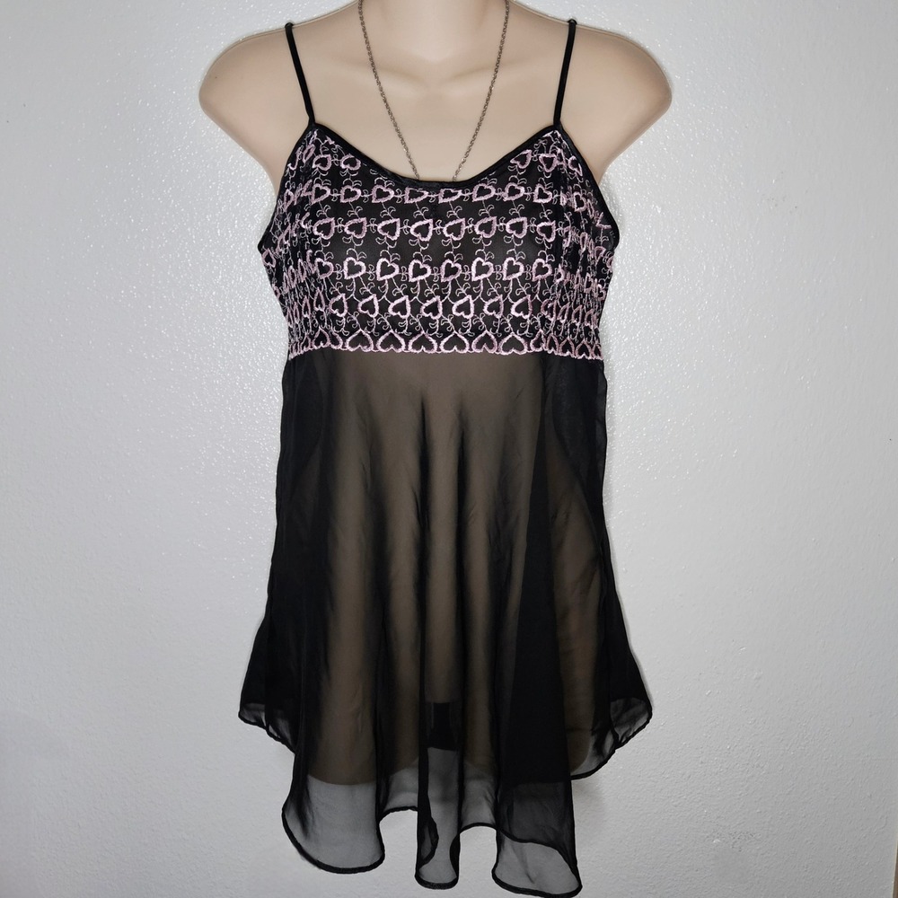 Cinema Etoile Black‎ Sheer Babydoll Top Pink Heart